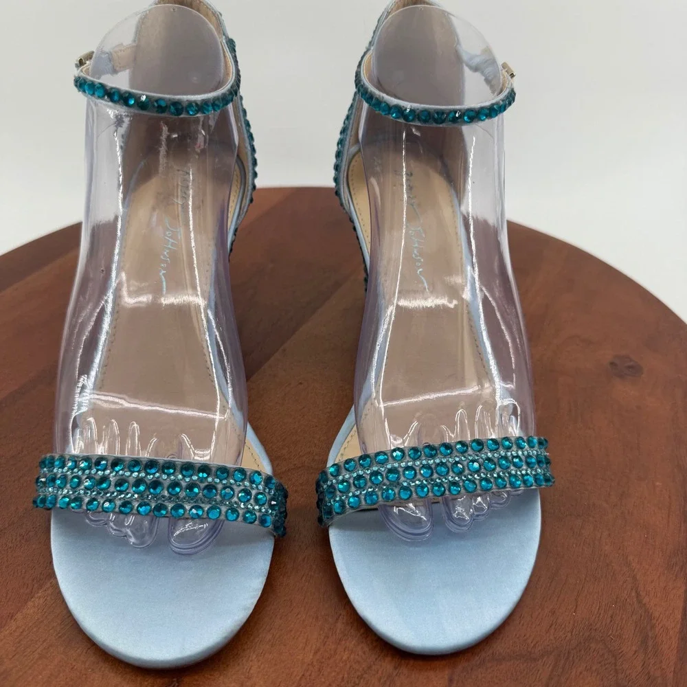 Betsey Johnson SB-DEBIE Wedge Sandals Womens Blue Rhinestone Crystal 9.5M